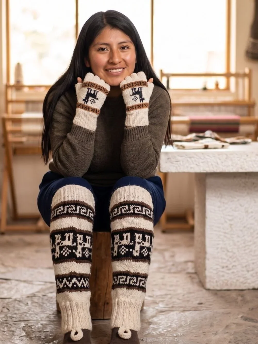 Alpaca Wool Leg Warmer and Glove Set with Andean Designs from Cusco